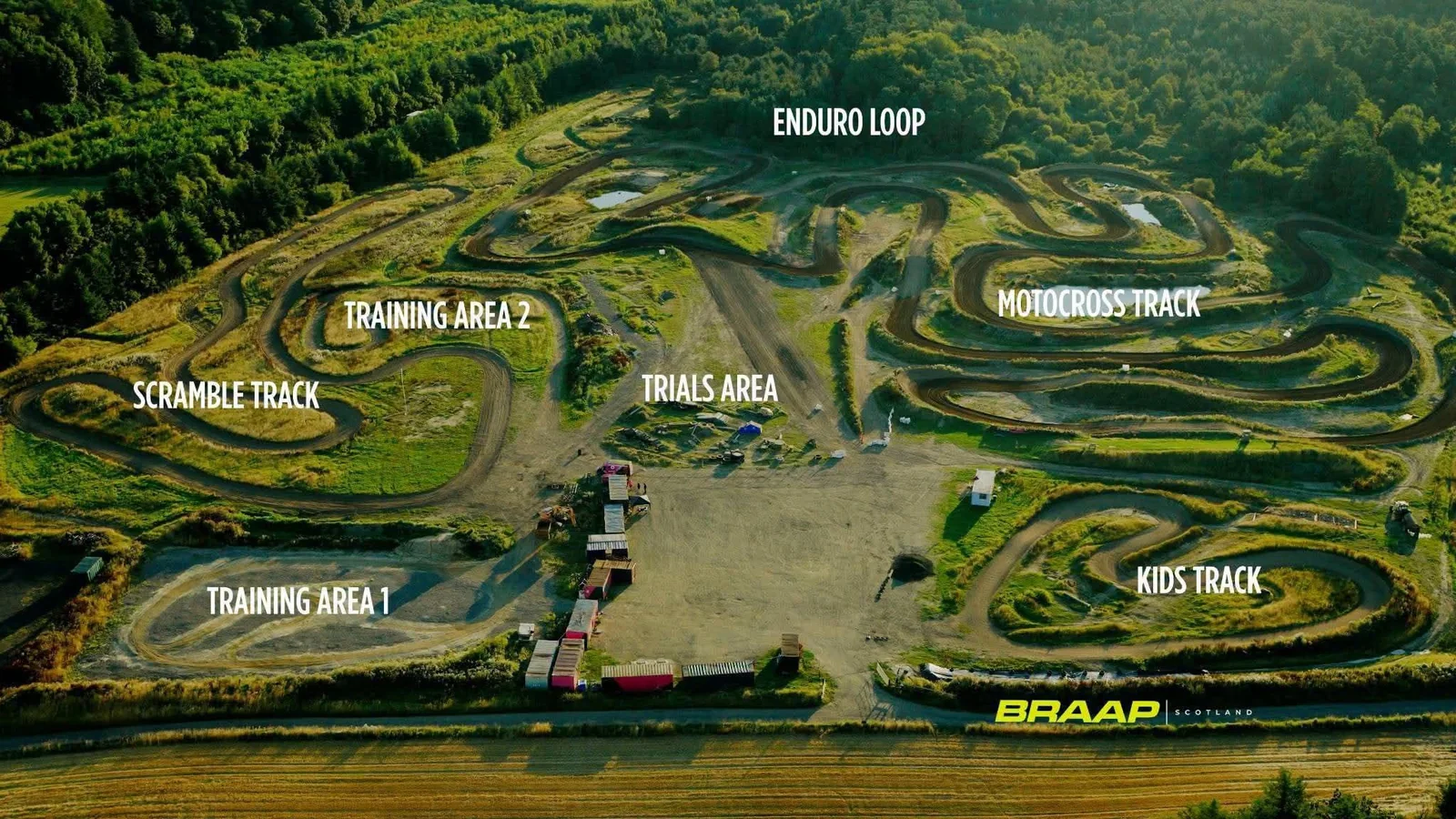 Cardenden off-road riding centre aerial showing motocross track, enduro loop, trials area, kids track and training areas in Fife, Scotland