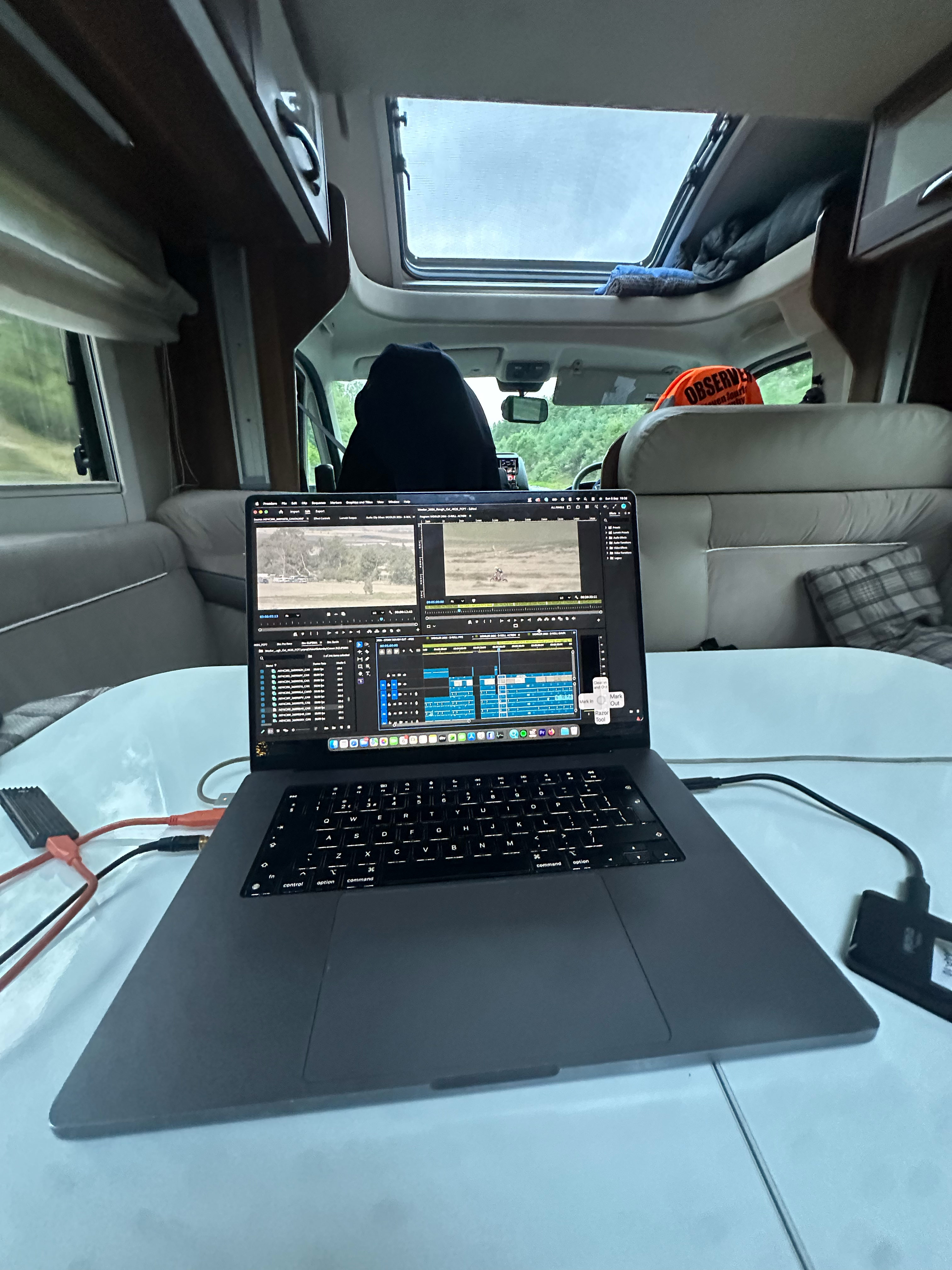Organising and editing Wooler Enduro footage in the camper on the journey home
